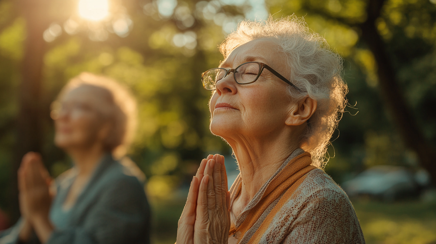 Літня людина практикує йогу на природі