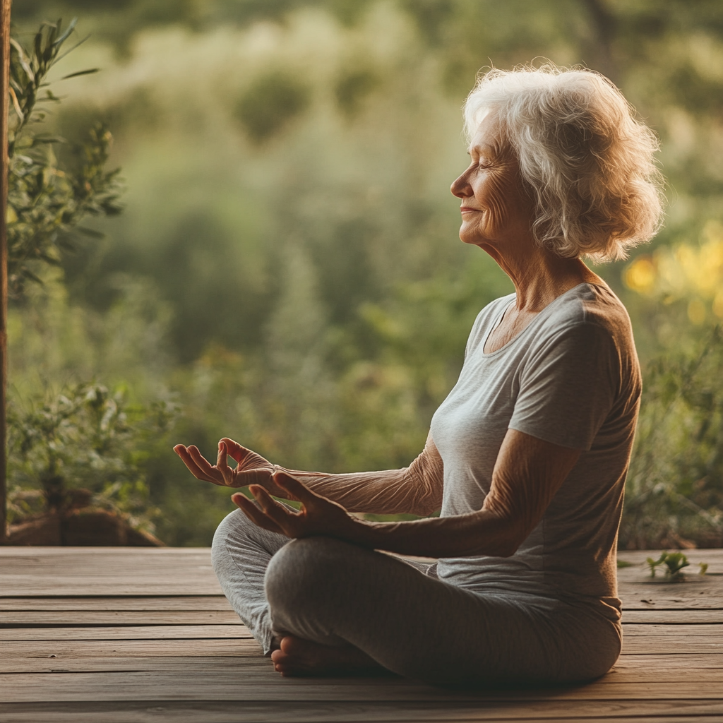 Зрілі люди практикують йогу вранці